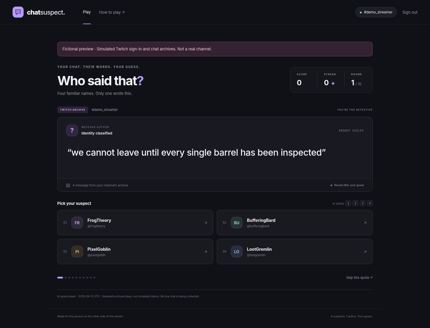 Chat Suspect gameplay with a mystery quote and four possible authors. Screenshot uses fictional preview messages.